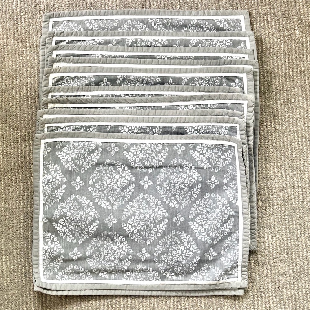 Gray Floral Damask Pattern Cotton Placemats - Set of 12